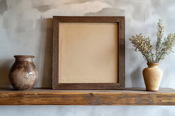 Poster - Empty photo frame with two decorative vases of dried flowers on a rustic wooden shelf