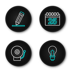 Poster - Set line Light bulb with idea, Ringing alarm bell, Calendar and Pencil eraser icon. Vector
