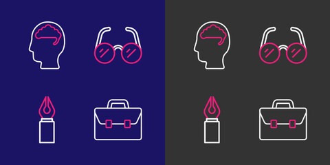 Poster - Set line Briefcase, Fountain pen nib, Glasses and Human brain icon. Vector
