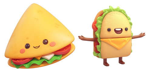 Poster - Cute 3D cartoon quesadilla and taco characters with smiling faces, featuring lettuce, tomato, and cheese, isolated on transparency background