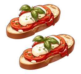 Poster - cute cartoon illustration of bruschetta with fresh tomatoes, mozzarella, and basil on transparency background. vibrant colors and playful design make it visually appealing