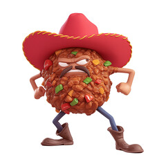 Poster - 3D cartoon chili con carne character with red sombrero and boots, showing determined expression. character is made of beans and peppers, giving it colorful appearance