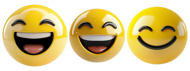 Poster - Three 3D friendly yellow emojis with joyful expressions are isolated on transparency background
