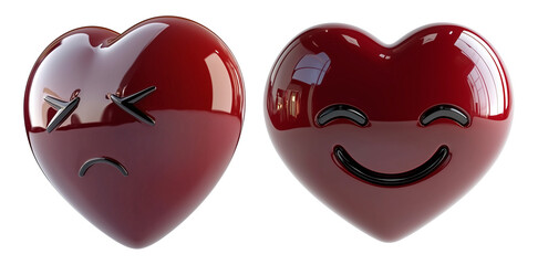 Poster - Two glossy burgundy heart shaped emojis, one heartbroken and other smiling, isolated on transparency background