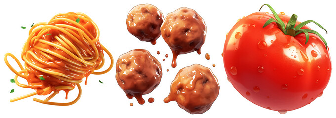 Poster - delightful 3D illustration of spaghetti, meatballs, and fresh tomato, all isolated on transparency background, showcasing vibrant colors and textures