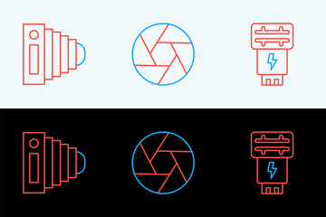 Poster - set line photo camera flash, and camera shutter icon. vector