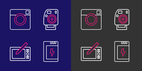 Poster - set line battery for camera, graphic tablet, photo and icon. vector