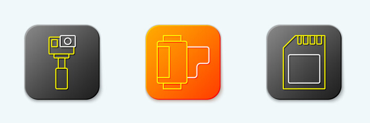 Poster - set line action camera, camera roll cartridge and sd card icon. vector