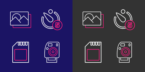 Poster - set line photo camera, sd card, camera timer and frame icon. vector