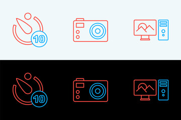 Poster - set line photo retouching, camera timer and camera icon. vector
