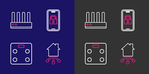 Poster - set line smart home, bathroom scales, digital door lock and router and wi-fi signal icon. vector