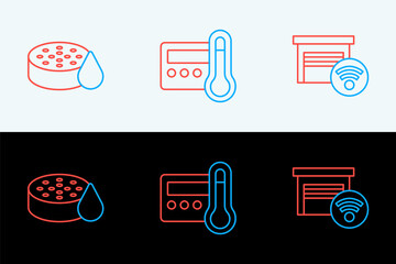 Poster - set line smart garage, water sensor and thermostat icon. vector