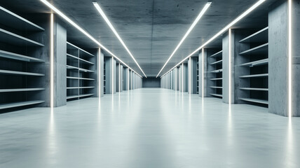 Poster - sleek, minimalistic warehouse interior with organized shelves and bright lighting. spacious design features concrete walls and floors, creating modern industrial atmosphere