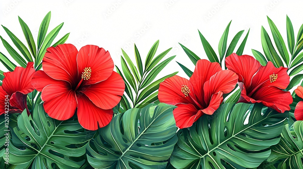 Vibrant red hibiscus flowers and lush green tropical leaves on a clean ...