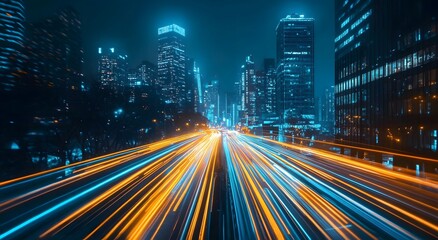 Poster - Representing the fast data transfer speeds in digital fiber optic network technology, which creates an abstraction through brightly colored lights that suggest an improved internet connection.