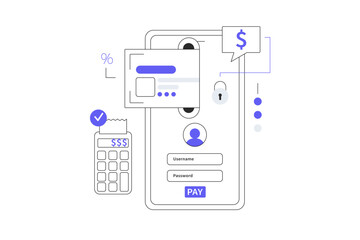 Poster - Secure mobile payments service. Online payment protection, smart secure shopping. Insert credit card into phone screen. Flat Cartoon Vector Illustration, icon. Stylish abstract 