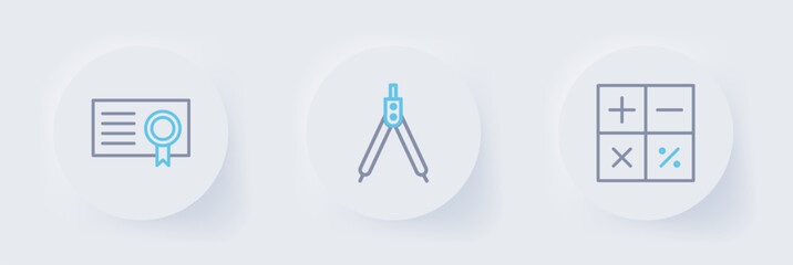 Poster - Set line Calculator, Drawing compass and Certificate template icon. Vector