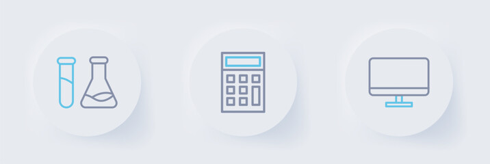 Poster - Set line Computer monitor screen, Calculator and Test tube and flask icon. Vector