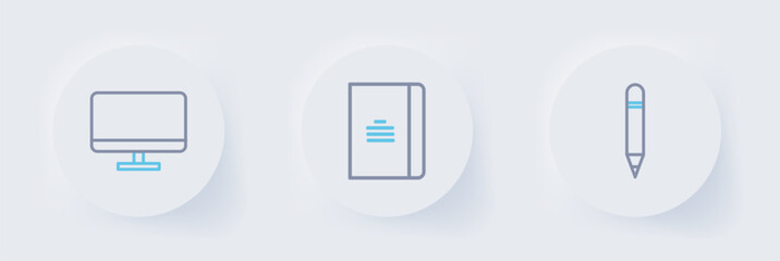 Poster - set line pencil with eraser, spiral notebook and computer monitor screen icon. vector