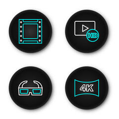Poster - set line screen tv with 4k, 3d cinema glasses, hd movie, tape, frame and play video icon. vector