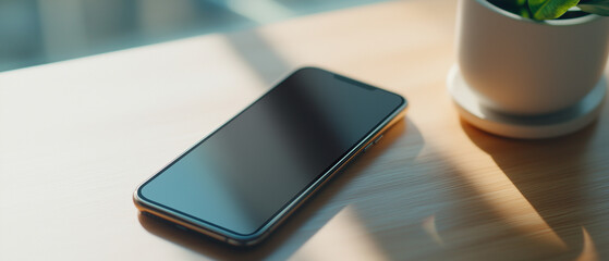 Aufkleber - smartphone with blank screen rests on wooden table next to small potted plant, bathed in soft natural light