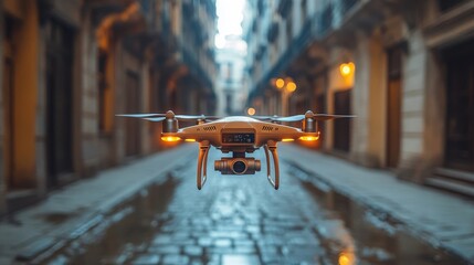 Poster - Drones equipped with AI navigating narrow streets in an urban environment during twilight
