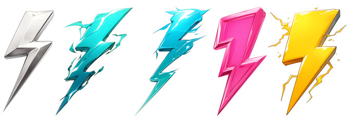 Poster - set of five colorful electric bolt icons with metallic sheen, isolated on transparency background. bolts are in silver, blue, teal, pink, and yellow, each with glossy finish and dynamic design