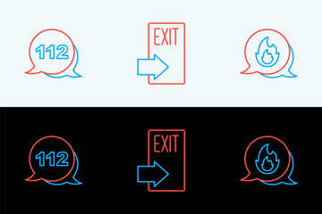 Poster - Set line Emergency call, and Fire exit icon. Vector