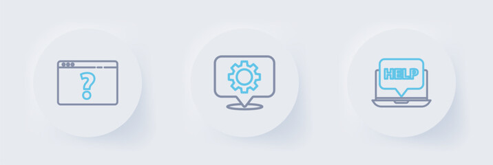 Poster - Set line Laptop and help, Location with gear and Browser question mark icon. Vector