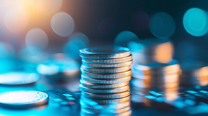 Poster - stack of coins is illuminated with soft lighting, creating geometric abstract effect with bokeh background. image conveys sense of financial growth and investment potential