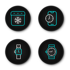 Poster - set line wrist watch, alarm clock app mobile and calendar winter icon. vector