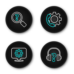 Poster - Set line Headphones, Location with gear, Telephone 24 hours support and Unknown search icon. Vector