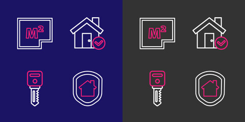 Poster - set line house under protection, key, with check mark and plan icon. vector