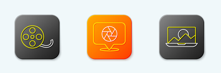 Poster - set line film reel, camera shutter and photo retouching icon. vector