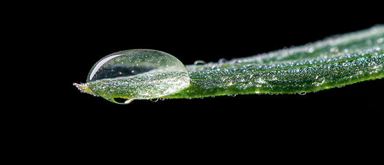 Poster - macro shot captures single droplet forming on leaf, highlighting its delicate beauty against black background