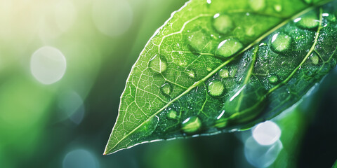 Poster - macro shot of vibrant green plant leaf with water droplets, showcasing intricate vein patterns and fresh, natural atmosphere