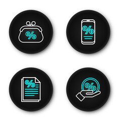 Poster - Set line Discount percent tag, Finance document, Percent discount and mobile and Purse money icon. Vector
