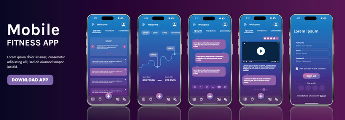 A sleek fitness app interface template featuring responsive design elements, including dashboards, charts, and statistics. Perfect for tracking health, weekly progress, and sports activities