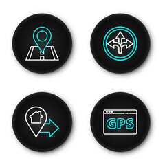 Fototapete - Set line Gps device with map, Location house, Road traffic sign and icon. Vector