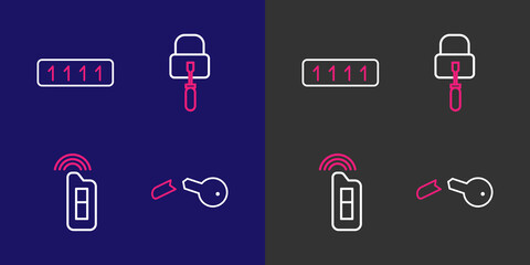 Poster - set line broken key, car with remote, lock picks for lock picking and password protection icon. vect