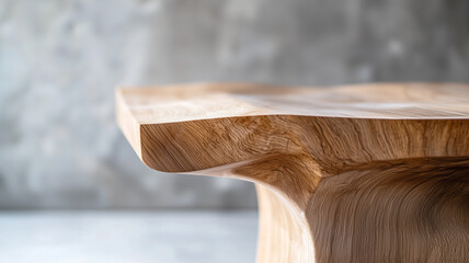 Aufkleber - close up of minimalist abstract wooden table with smooth, natural curves and focus on detailed wood grain texture, set against neutral background