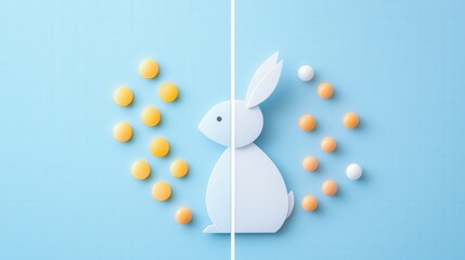 Wall Mural - Creative Paper Craft of a Rabbit Surrounded by Colorful Circular Shapes on a Light Blue Background
