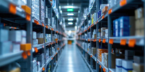 Poster - well organized warehouse aisle with shelves stocked with various products, illuminated by bright lighting, creating efficient and high tech inventory management environment