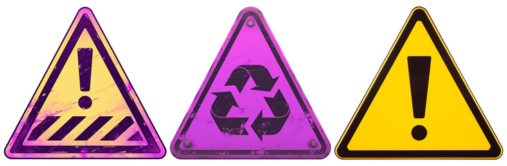 Poster - Triangular warning signs with exclamation marks and recycling symbol, featuring holographic effect and vibrant colors