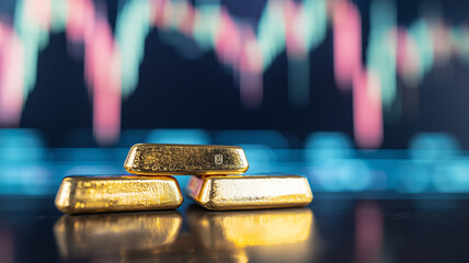 Poster - side angle shot of gold bars with blurred stock market chart in background, symbolizing investment and financial growth