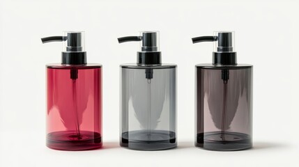 Poster - Clear white background featuring isolated empty cosmetic bottles with dispensers, multicolor, suitable for design