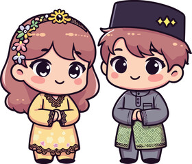 Cute muslim boy and girl. Happy Ramadan, Happy Fasting Day. Selamat Hari Raya Aidilfitri greeting card cartoon character.