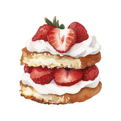Poster - Watercolor illustration of strawberry shortcake with layers of cream and fresh strawberries, isolated transparency background. vibrant colors and textures create delicious and inviting appearance