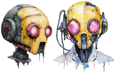 Poster - Two watercolor robot faces with yellow and pink colors, featuring intricate designs and expressive details. artwork showcases blend of technology and art, highlighting vibrant use of color and