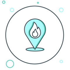 Fototapete - Line Map pointer with fire flame icon isolated on white background. Fire nearby. Colorful outline concept. Vector